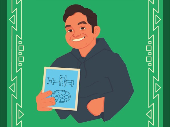 Animated Graphic of Dan Vargas holding a tablet with mechanical drawings.