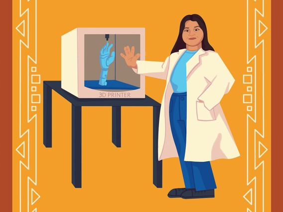Animated Graphic of MESA Alum Alma Orozco in a lab coat pretending to give a high five to a prosthetic hand in a 3D printer