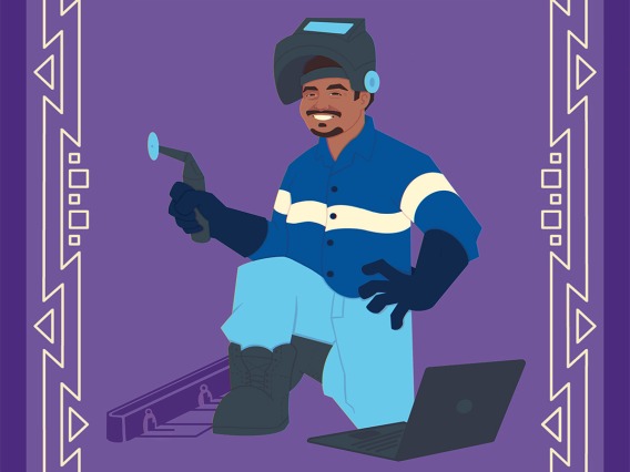 Animated Graphic of Erick kneeling at a train track wearing welding gear including a helmet and torch.