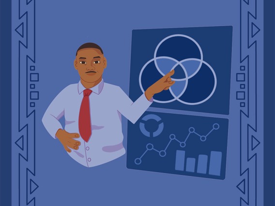 Animated Graphic of Arthur Jordan pointing to data science icons on a screen