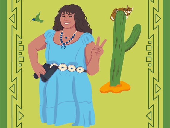 Animated Graphic of Nadira Mitchell holding binoculars in front of a saguaro cactus. A bobcat is at the top of the saguaro and a hummingbird is hovering next to her shoulder.