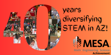 40 years diversifying STEM in Arizona graphic using pictures of MESA students to create the number 40.